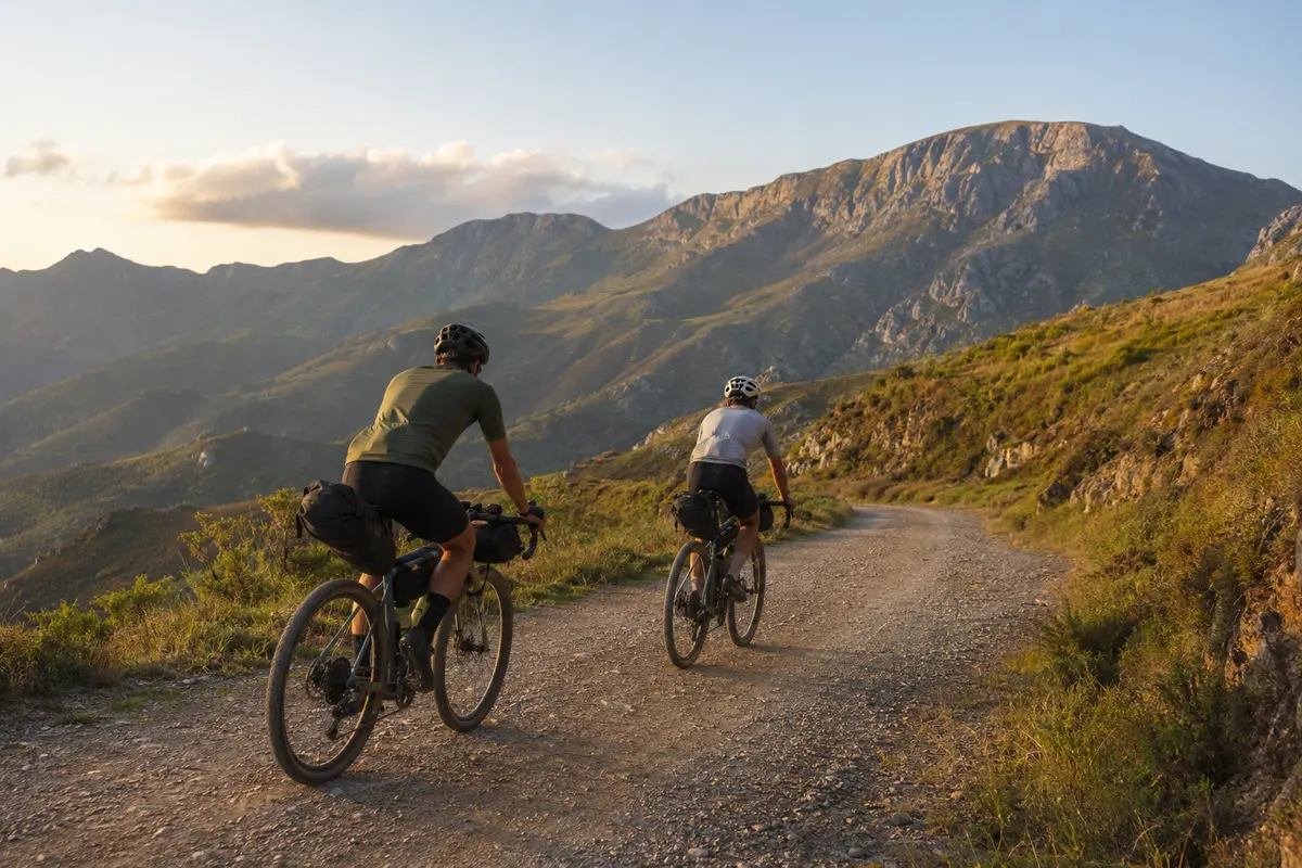 Ciclistas de gravel con bolsas de bikepacking en una ruta de montaña